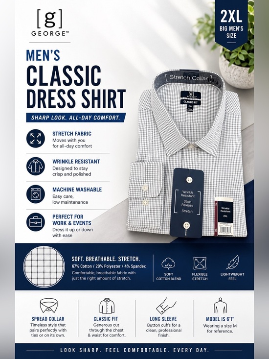 George Other - George Mens 2XL 50-52 Blue White Check Long Sleeve Dress Shirt Wrinkle Resistant